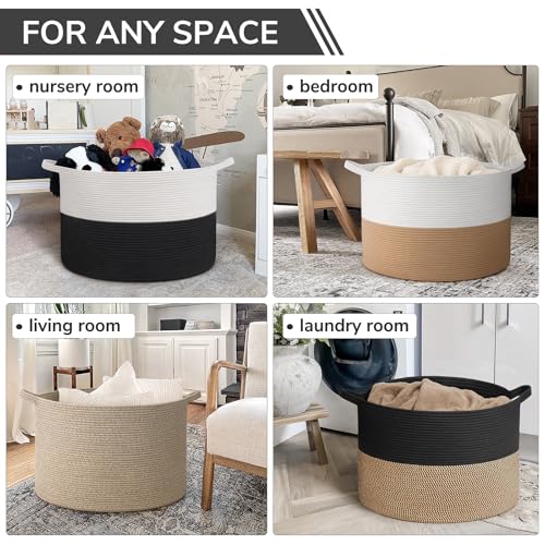 Image of INDRESSME 115L Extra Large Cotton Rope Blanket Basket, Woven Storage for Living Room Toy Baskets Kids Baby Laundry Hamper for Dirty Clothes, Pillows, White & Black