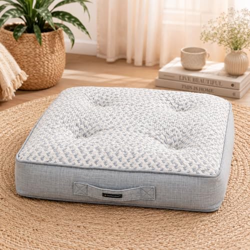 Image of Reversible 60x60x10 cm Grey Woven Quilted Floor Cushion with Cotton Filler for Seating, Patio Seat, Meditation, Yoga, Pooja, Guests, Living Room, Bedroom, Large Size 24x24x4 Inch