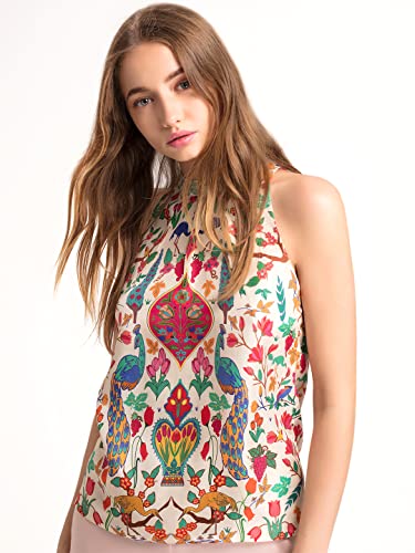 Image of SHAYE Cream Party Sleeveless Halter Neck Floral Printed Satin Top for Women