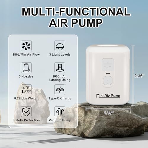 Compact Inflatable Air Pump: Rechargeable Mini Pump with 1600mAh Battery & LED Camping Light for Mattresses, Pool Floats, and Vacuum Bags