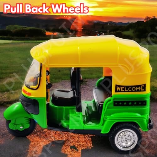 Image of PLUSPOINT Auto Rickshaw Toy,with Pull Back Action City Traffic Vehicles Public Transport Toy with Light and Sound for Aged 3 4 5 6 Boys and Girls,Kids Party Favors Gifts (Green)