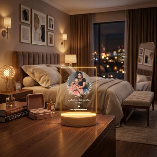 Image of Giftplease Fathers Day Personalized Rectangle Acrylic LED Frame - Custom Single Round Photo Wood Stand Tabletop Showcase with Floral Wreath Graphic For Grandpa Birthday, Dad, Stepdad