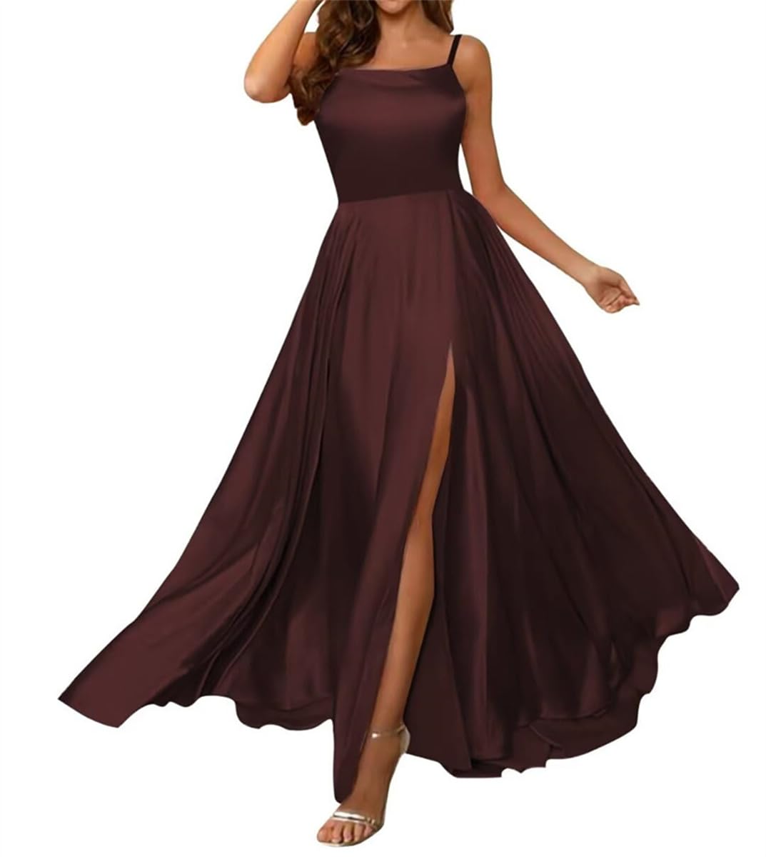 Wseyu Women's Burgundy Long Ruffled Bridesmaid Dress For With Pockets Spaghetti Straps Formal Dress For Wedding With Slit Uk12