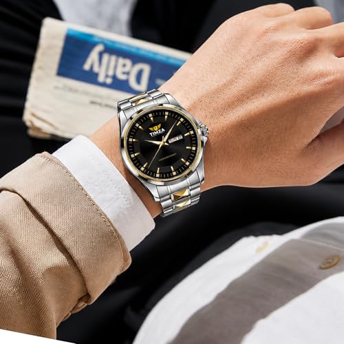 Image of Men's Analog Quartz Watch with Black Dial, Two Tone Stainless Steel Strap, Date Display, Luminous Hands and Water Resistant Design