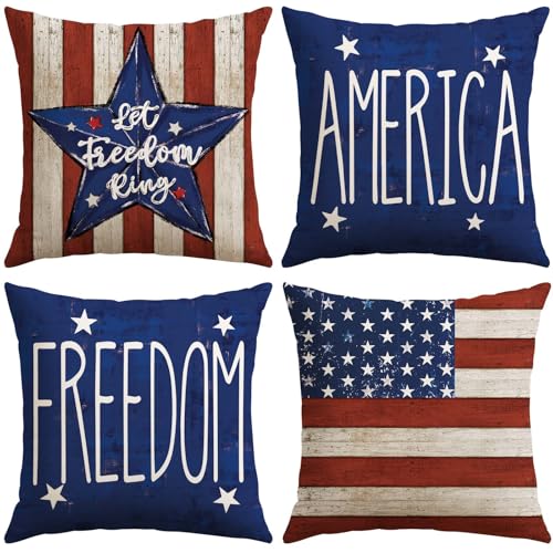 Artscope 4th of July Patriotic Throw Pillow Covers 20x20 Inch Set of 4 Independence Memorial Day American Freedom Stars Stripes White Red and Blue Decoration Pillow Cases for Sofa Bed Room Home Decor