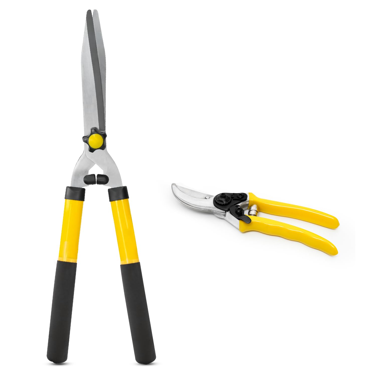 Flatro Yellow, Black, Silver Secateurs & Pruning Scissors | Set Of 21” Hedge Shear & 8” Pruning Garden Secateurs | Garden Shears For Hedges, Shrubs & Bushes | Carbon Steel Blade Hedge Shears For Gardening