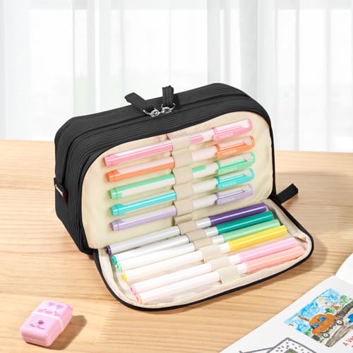 Image of Sooez Big Capacity Pencil Case Pen Pouch, Soft Corduroy Pencil Bag with 3 Compartment, Multiple Pockets, Sturdy Zipper, Cute School Supplies Pen Bag Organizer For Teen Girls College, Black