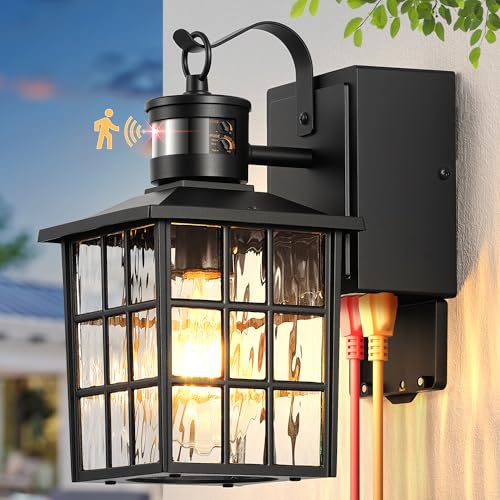 Image of Gleamz Motion Sensor Outdoor Wall Lights with GFCI Outlet, Modern Black Exterior Lighting Fixtures Wall Mount Sconce for House Garage, Anti-Rust Dusk to Dawn Front Porch Light with Water-Ripple Glass