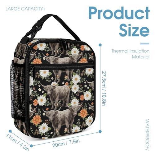 Backpack Bookbag Set Floral Cattle Highland Cow (3) Backpack with Lunch Bags and Makeup Bag Shoulder Bag with Lunch Box Storage Bags4