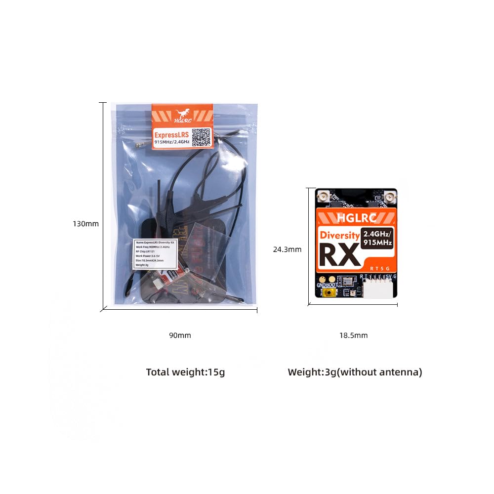 HGLRC ELRS - Ricevitore Dual Band 915 MHz e 2,4 GHz con chip LR1121, doppia antenna, modalità gemelli e diversità, per droni FPV (ricevitore a doppia banda con doppia antenna)