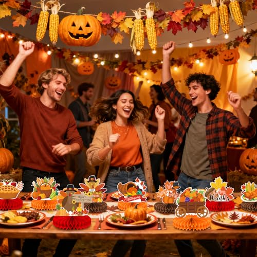Image of 9 Pieces Thanksgiving Honeycomb Centerpieces Table Decor, Turkey Pumpkin Cornucopia Harvest Fall Party Table Topper Ornaments Signs, Fun Autumn Holiday Decorations