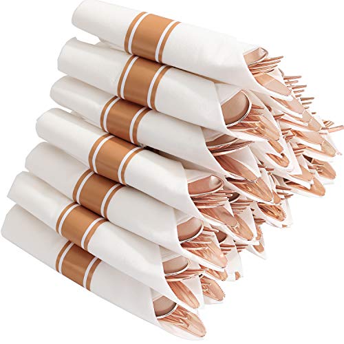 Supernal 30 Pack Pre Rolled Rose Gold Plastic Silverware with Linen Feel Napkin Heavy Duty Disposable Wrapped Cutlery Set for Bridal Showers Weddings Birthdays & 2026 Graduations