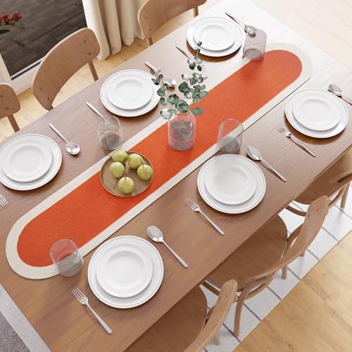 Image of Encasa XO Table Runner for 4 Seater | Handmade Ribbed Style Cotton | 30x137 cm | Coral & Off White | for Dining & Center Table