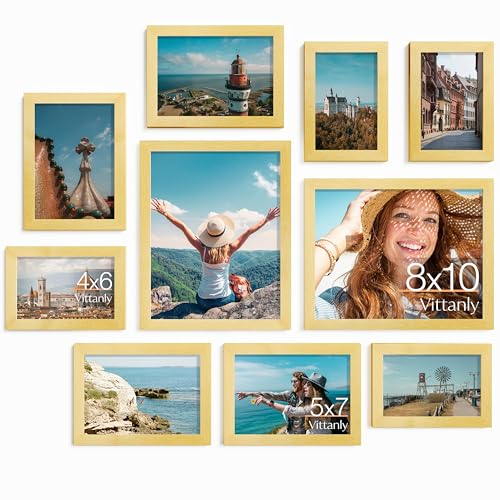 Image of Vittanly Picture Frames Set of 10, Picture Frames Collage Wall Decor with Two 8x10, Four 5x7, and Four 4x6 Photo Frames, Gallery Wall Frame Set for Wall or Tabletop Display, Gold