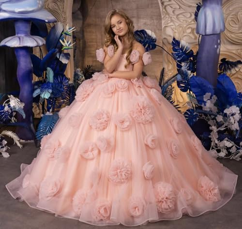 Tulle Flower Girl Dresses Off Shoulder Pageant Dress 3D Floral Formal Princess Party Ball Gown for Girls2