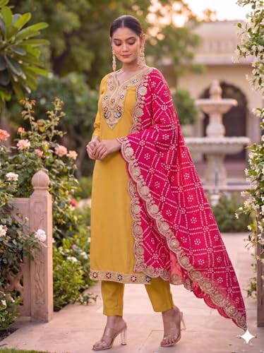 Image of Women Festive Kurta Pant Ensemble with Badhani Embroidered Dupatta Ethnic Set