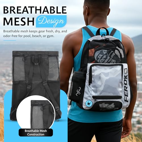 40L Mesh Swim Backpack – Water Resistant Gym & Beach Bag with Compartments, Large Mesh Backpack for Swimmers, Beach Bags for Women Men, Pool Bag with Drawstring (Grey)4