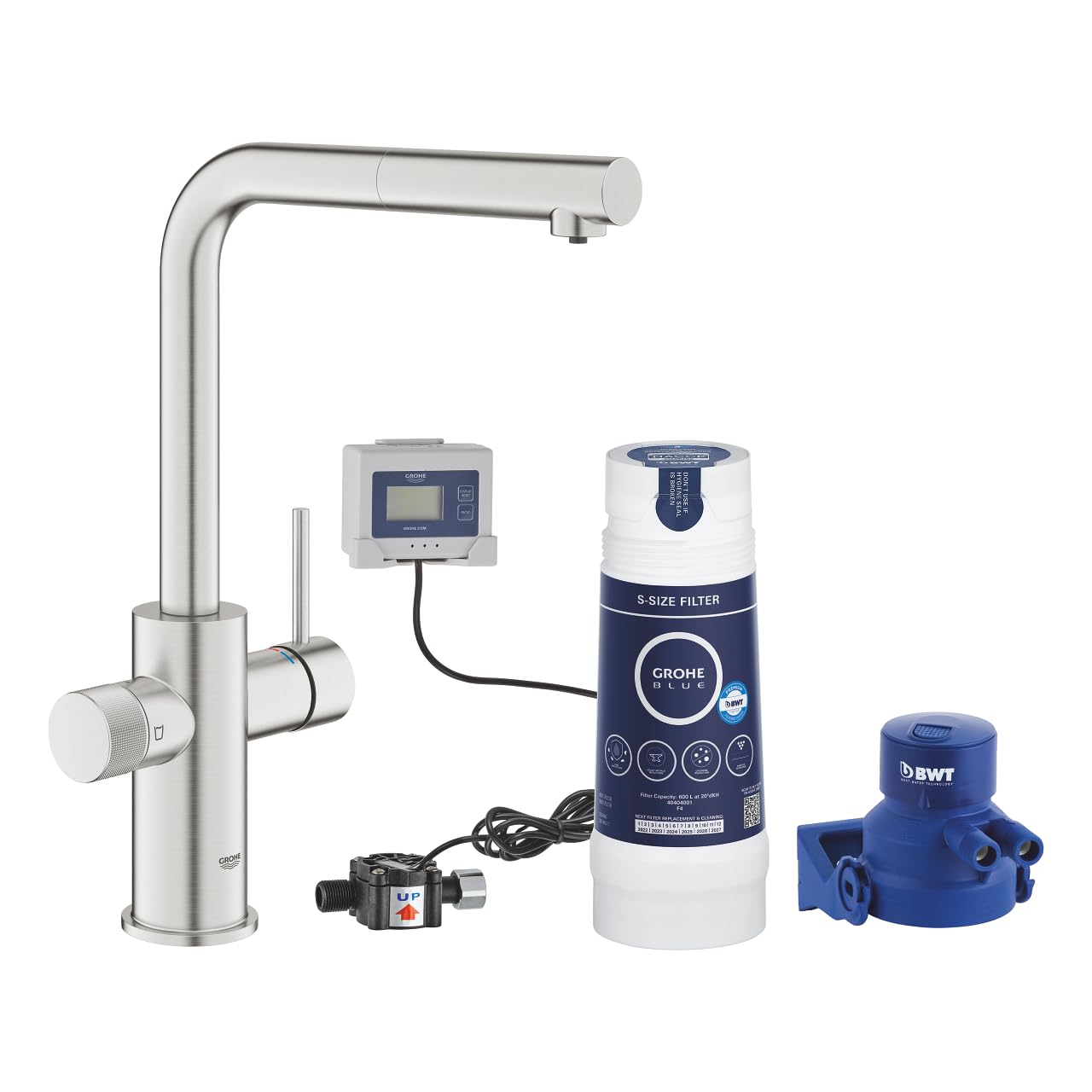Grohe Blue Pure Minta rubinetto per lavello cucina, doccetta estraibile,con filtro 5 fasi taglia S e contalitri, cromo spazzolato (satinato)