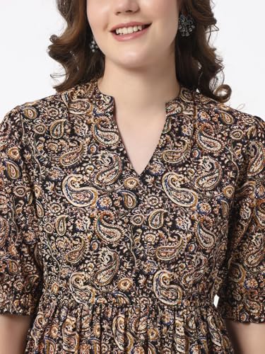 Image of Women's Fit and Flare Dress I Pure Cotton Long Summer Maxi Dress I V-Neck I Casual Wear I Printed Kalamkari Floral Middi