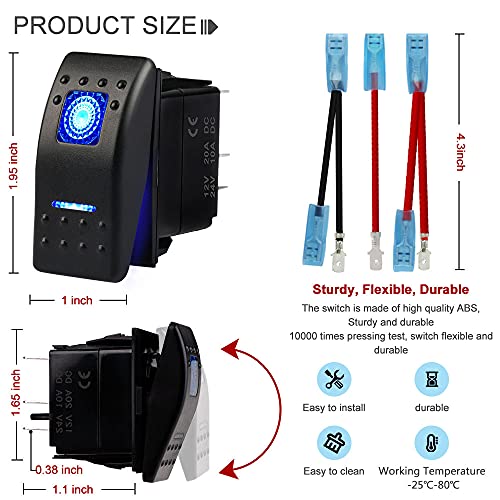 Waterproof Marine Boat Rocker Switch Toggle 12V 24V, 5 Pin Spst On-Off Switch 12V/20A 24V/10A Blue Led Light, With Jumper Wires Set For Car Marine Boat Truck Trailer 4X4 Caravan Rv Suv Atv Utv #TOP1