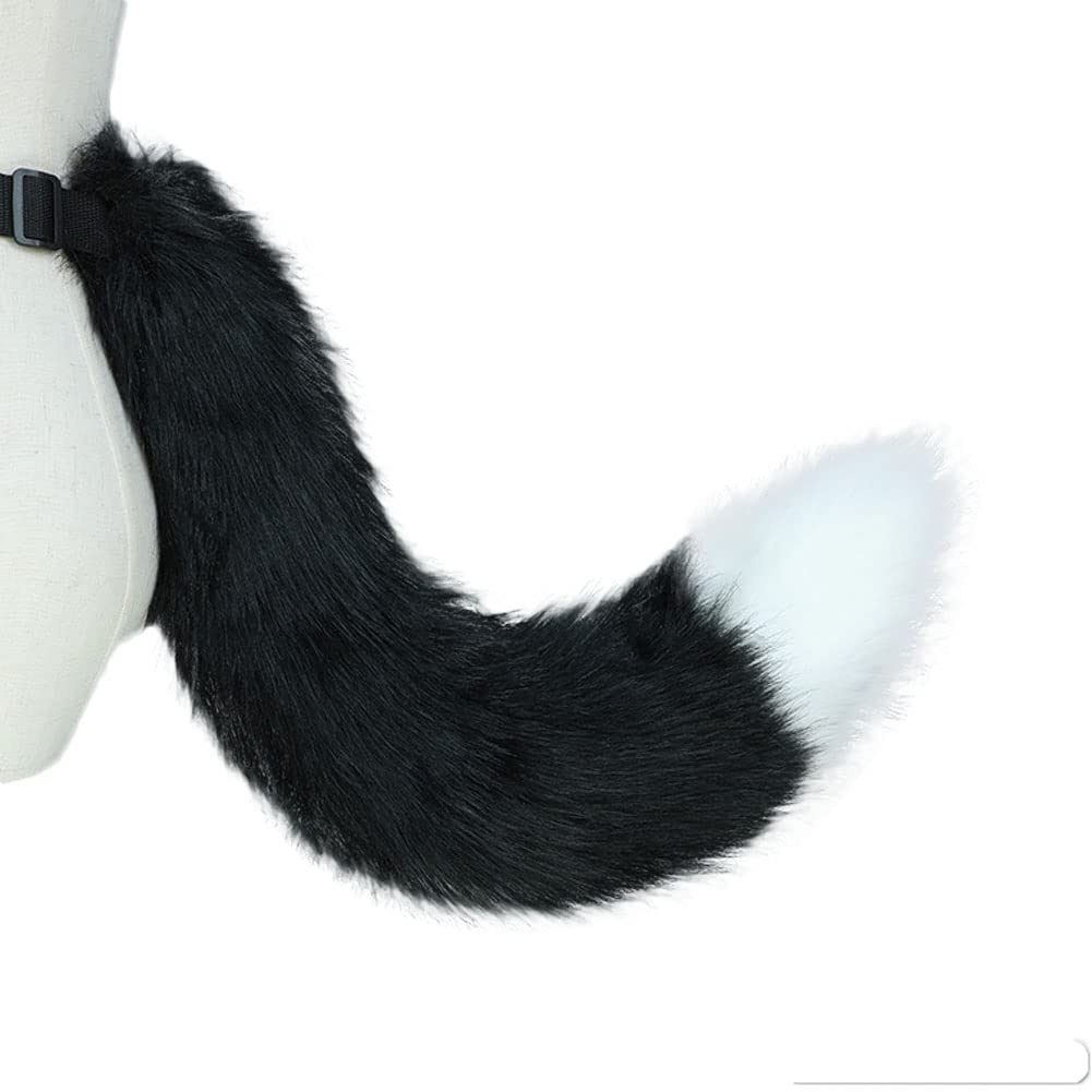 Camelliass Fluffy Faux Fur Fox Tail Fancy Dress Animal Tail Cosplay Anime Dress Up Party Costume Accessories (Black & White)