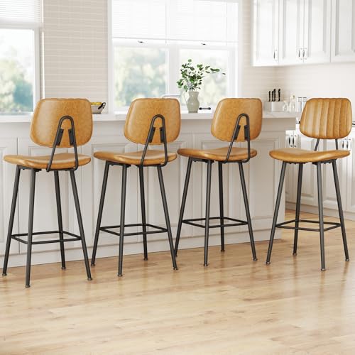 Image of Raynesys 29-Inch Leather Bar Stools Set of 4 with High Backrest, Brown