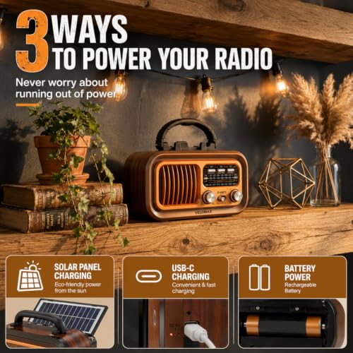 Image of VELOMAX Radio FM for Home with Speaker, FM Radio with Bluetooth 5.0, AM /FM /SW Portable Retro Radio with Solar Panel, USB-C Charging, Rechargeable Battery, USB & TF Card Playback