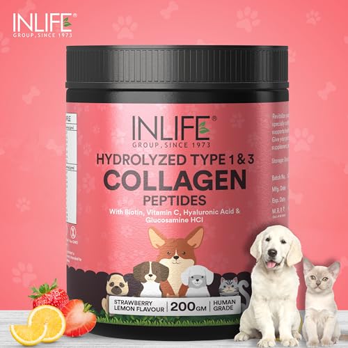 Image of INLIFE Collagen for Dogs & Cats | Hydrolysed Collagen Powder | Clinically Proven Ingredient with Biotin, Vitamin C, Hyaluronic Acid & Glucosamine | Pet Supplement (Strawberry)