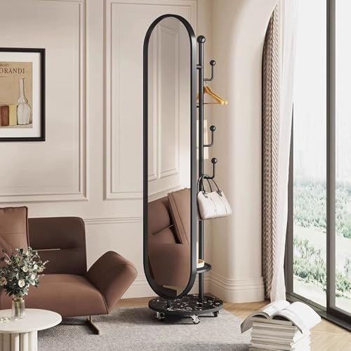 3-in-1 Metal Full Length Mirror Coat Rack - Swivel Standing Mirror with Storage Hanger & Open Shelves for Living Room, Bedroom & Cloakroom - Stylish & Functional Floor Mirror