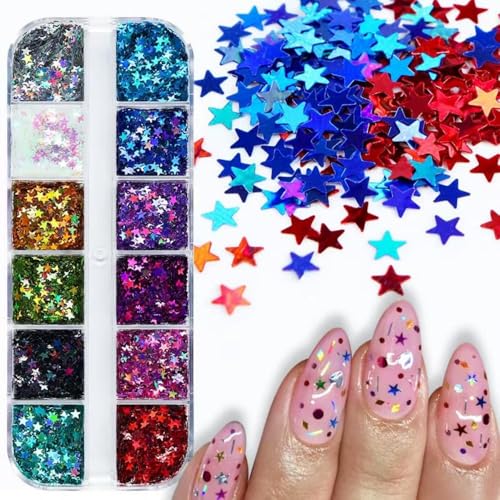 Image of 3 Box Star Nail Glitters Colorful Holographic Sequins 3D Mermaid Laser Independence Day Nail Flakes Sparkly Shiny Star Nail Decals Nail Art Design for Women Girls Manicure DIY Decorations