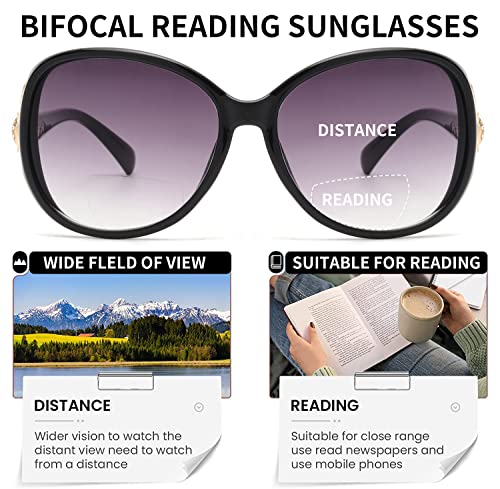 JM Classic Bifocal Reading Sunglasses for Women Vintage Reader Glasses Outdoor Black(200838) +3.0 - Image 4