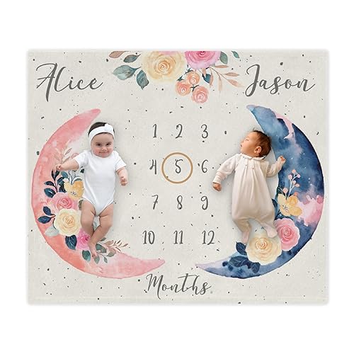 Couverture personnalisée nom pour jumeaux, fleur rose, croissance mensuelle bohème cadeau nouveau-né