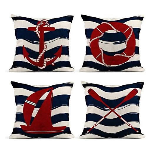 Tarolo Set of 4 Linen Throw Pillow Cover Case Summer Coastal Nautical Theme Red Anchor Sailboat Compass Waves Decorative Pillow Cases Covers Home Decor Square 20 x 20 Inches Pillowcases