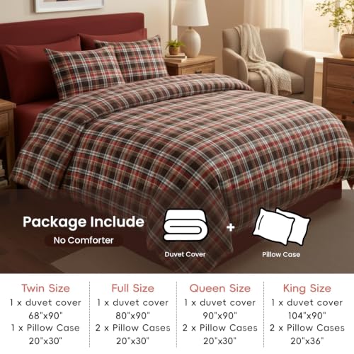 Image of Plaid Duvet Cover Set King Vintage Red Brown Gingham Bedding Set