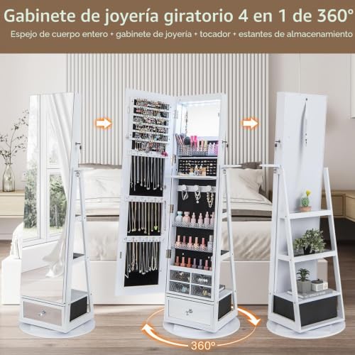 Joyero con soporte para secador de pelo HOMASIS espejo blanco giratorio 7