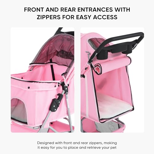 Image of NEWBULIG 3 Wheel Pet Stroller for Dogs and Cats, Foldable, Lightweight and Durable, Ideal for Small to Medium Pets, Includes Storage Basket and Cup Holders