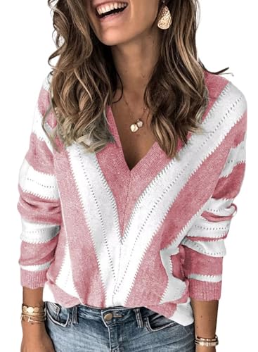 Image of FEKOAFE Womens 2026 Deep V Neck Sweaters Striped Long Sleeve Knit Pullover Sweaters for Women