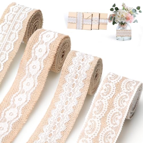 AiQInu 4 Rollo de Cinta de Yute con Encaje 2M, Cinta de Arpillera Tela de Decoración 5CM Ancho, Vintage Cañamo Cinchas Decorativas para DIY Artesanía Boda Fiesta Regalo de Cinta