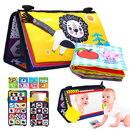Image of VASSRO Baby Toys 0-6 Months Newborn Infant Toys Tummy Time Mirror Toys with Animial Crinkle Cloth Book and Mini Fruit Book, High Contrast 3D Activity Play Crinkle Sensory Toys Baby Gift 0-12 Months
