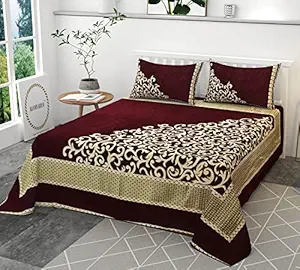 MANMNABHAV Shaneel Fabric King Size 500 TC Corner Pattern Double Bed Bedcover, Wine Color with 2 Pillow Covers