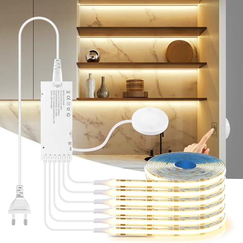 6 rouleaux COB LED 12V 3m,Bande COB LED Strip coupable à la longueur souhaitée avec interrupteur tactile et variateur manuel,adaptée aux armoires de cuisine,présentoirs,étagères(Blanc chaud,3M)