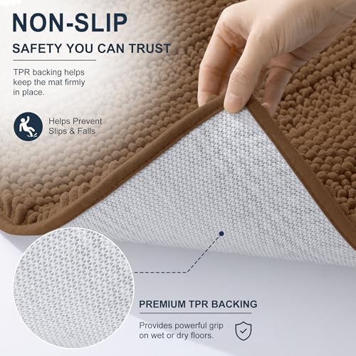 Image of Smiry Thick Chenille Bathroom Rugs 36x24, Extra Soft Absorbent Striped Bath Mat, Machine Washable, Rubber Backing, Bath Rugs for Bathroom, Tub & Shower, Modern Home Decor Accessories, Mocha