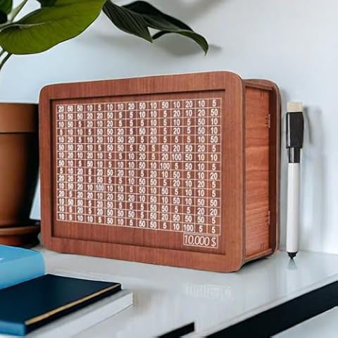 Cash Vault Wooden Savings Box, Piggy Bank for Adults Kids, Wooden Money Saving Box with Money Target and Numbers, Cash Saver Box 10000 Savings Challenge Box with Marker Pen ($10000) Cover