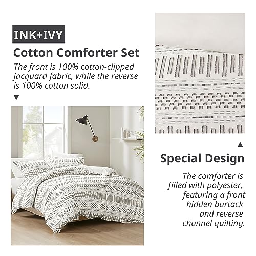 Image of INK+IVY Luxurious Cotton-Bedding Set - Mid Century Trendy Geometric Design, All Season Cozy-Cover With Matching-Shams, Full /Queen, Rhea Jacquard Ivory /Charcoal