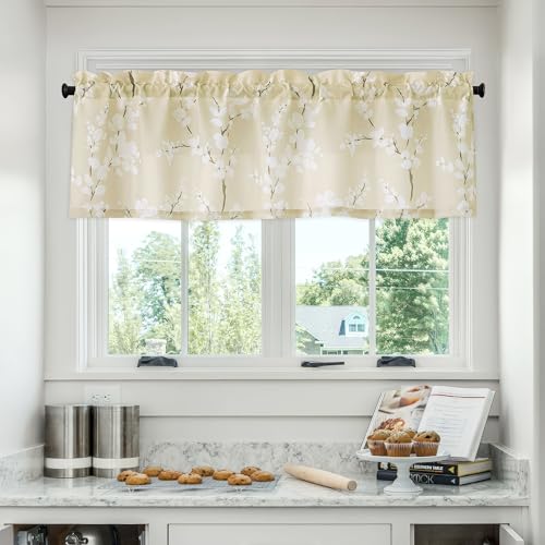 Image of FMFUNCTEX Beige-White Valance Curtains for Windows Print Blossom Sunlight Filtering Window Panels for Cafe Natural Themed Valance Drapes 1 Panel 54 inchW x 15 inch L