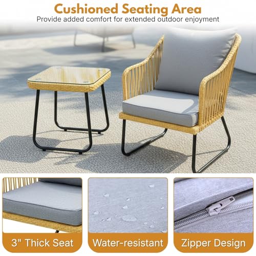 Image of DEVOKO 3-Piece Patio Furniture Set Handwoven Wicker Chairs with Waterproof Cushions,Glass Top Coffee Table Perfect Porch Bistro Set for Backyard, Garden, and Deck
