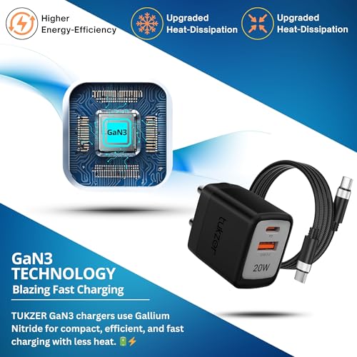 Image of Tukzer 20W Dual Port GaN3 Ultra 2X Faster Charger(Type C PD3.0 & USB QC3.0) with Type C Cable Adapter for iPhone 16 /16 Plus /16 Pro /Max,15 /15 Plus /15 Pro /Max, 14 /13 /12,Samsung, Type-C Port Laptops-BLK