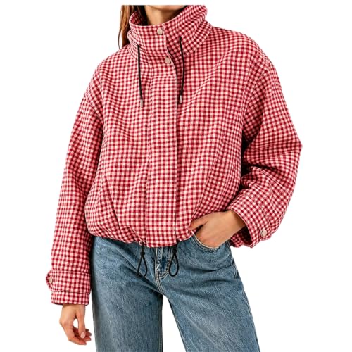 Women's Zipper Jackets Funnel Neck Gingham Pullover Cropped Jacket - image 2