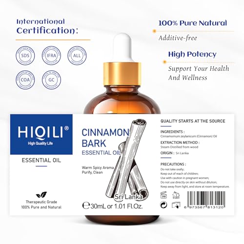 Image of HIQILI Cinnamon Essential Oil for Spary, Diffuser, Garden and Kitchen - 100% Pure Natural - Indoor and Outdoor, 1.01 Fl Oz