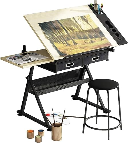 Drafting Desk Wooden Drawing Table, Height Adjustable, Tiltable Tabletop 0°-80°, Art Craft Work Station, with 2 Storage Drawer